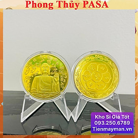 Đồng xu hình Phật A Di Đà Phong thủy tài lộc may mắn, mẫu NGỒI, tặng túi gấm đỏ, Tiền lì xì tết 2023 , NELI