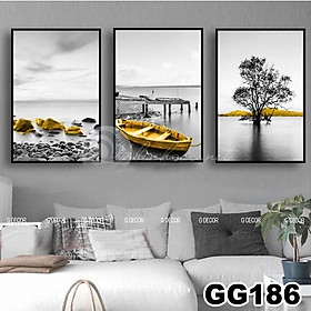 Tranh treo tường canvas khung gỗ 3 bức phong cách hiện đại Bắc Âu tranh phong cảnh trang trí phòng khách phòng ngủ 118