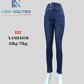 D32_ Quần Jean Nữ 3 Nút Lưng Siêu Cao Thiết Kế TRƠN RÁCH Quần Jean Nữ Lưng Cao Quần Bò Nữ Co Giãn  - Xanh Đậm