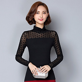 Áo lưới ren mỏng Slim dài tay hoa hàng đầu cotton đáy quần áo thun nữ