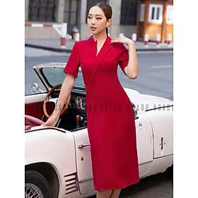Đầm đỏ cổ vest xẻ tà NGADO , đầm kiểu nữ , đầm dự tiệc , công sở
