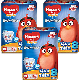 Combo 3 Gói Tã Quần Huggies Dry Gói Cực Đại Angry Birds phiên bản giới hạn XL62 (62 Miếng) - Tặng 8 miếng