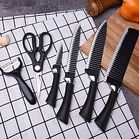 Mua Sét 6 dao kéo nhà bếp kèm nạo gọt vỏ củ quả bằng thép hợp kim màu đen sang trọng  lưỡi dao chống dính  siêu sắc bén  thiết kế gợn sóng tạo kiểu khi muốn - Đồ dùng nhà bếp cần thiết