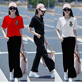 SÉT BỘ THUN NỮ QUẦN ỐNG RỘNG THÊU HÌNH GẤU CUTE