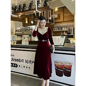 ĐẦM NHUNG CỔ ĐÍNH HẠT KÈM BETL CAO CẤP