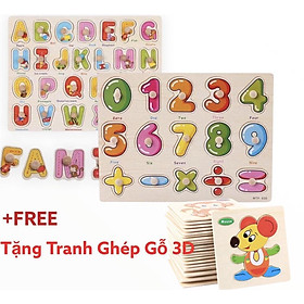 (Tặng Kèm Tranh 3D) Combo 2 Bảng Ghép Chữ Cái và Số Đếm Bằng Gỗ Cho Bé