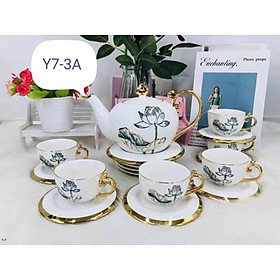 Mua Bộ ấm chén trắng họa tiết sen  xanh cổ vịt trơn viền vàng_AVN31
