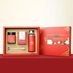 Hộp quà tặng, set quà tặng saffron ngâm mật ong và táo đỏ / kỷ tử Kingdom Herb chính hãng (tặng kèm 1 que lấy mật + 1 bình thuỷ tinh + 1 thiệp chúc + 1 túi giấy)