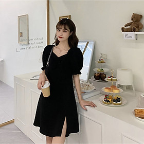 Váy đen xẻ tà 1 bên phong cách Ulzzang Hàn Quốc tay bo chun