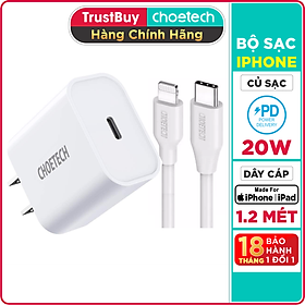 Mua Bộ Củ Sạc Nhanh 20W Cho iPhone iPad CHOETECH PD5005 Kèm Cáp C to Lightning Chứng Nhận MFI Dài 1.2M IP0040 - Hàng Chính Hãng