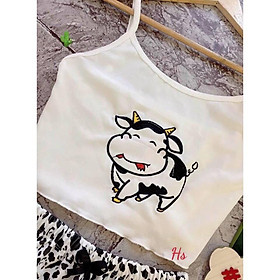 Bộ Nữ Croptop Họa Tiết Bò Sữa Set Nữ Áo Hai Dây Kèm Quần Sooc Siêu Xinh