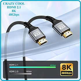 Dây Cáp HDMI CRAZY COOL - Dây HDMI 2.1 8K/60Hz/48Gbps - Lõi Dù Dùng Cho Tivi/ Máy Tính/ Playstation - Hàng Chính Hãng - 2Mét