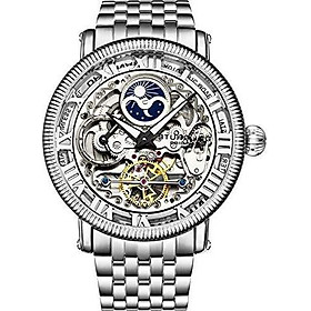 Stührling Original Mens Automatic Watch, Skeleton Watch Analog Dial, Silver Accents, Dual Time, AM/PM Sun Moon, Stainless Steel Bracelet, 3922 Watches for Men Collection