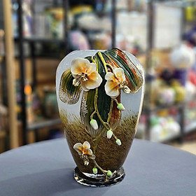 Bình cắm hoa trang trí màu xanh ngọc thủy tinh tráng men Đính hoa bằng đồng phủ bóng