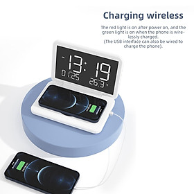 Alarm Clock with 15W Fast Wireless Charging Adjustable Brightness LCD Display for Bedroom