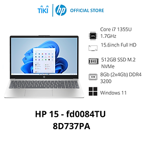 Laptop HP 15 fd0084TU 8D737PA (Core i7 1355U/ 8GB/ 512GB SSD/ Intel Iris Xe Graphics/ 15.6inch Full HD/ Windows 11 Home/ Bạc/ Vỏ nhựa) - Hàng Chính Hãng