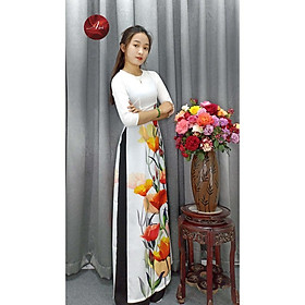 Áo dài nữ nền trắng họa tiết hoa trẻ trung vải lụa nhật cao cấp - Áo dài Airi