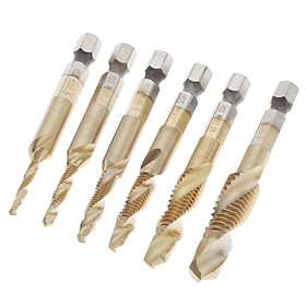 Set of 6 HSS Steel Combination Drill and Tap Bit Set with 1/4 inch Hex Shank - Metric M3 M4 M5 M6 M7 M8 M10