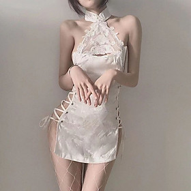 Đồ ngủ Cosplay D127 sườn xám lụa khoét ngực cột dây bên eo sexy