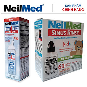 Combo Baby Whole Care: Bình Xịt Rửa Vệ Sinh Mũi Xoang Trẻ Em NeilMed Sinus Rinse & Spray Kids -SX Mỹ, Đánh Bật Sổ Mũi, Ngạt Mũi và Viêm mũi Cho Bé (Bình 60 gói muối rửa; 1 chai xịt phun sương 75ml)