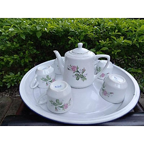 Bộ ấm chén hoa hồng hải dương gồm 1 ấm 6 chén và 1 khay hoa hàng xưa