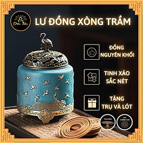 Lư đồng xông trầm, lư xông trầm dùng để xông trầm hương thay cho thác khói trầm hộp quà tặng lư hạc xanh