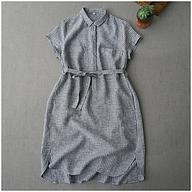 Đầm suông kẻ sọc cổ sơ mi Linen 2 túi ngực lượn đuôi tôm, chất vải linen tự nhiên, thời trang phong cách Hàn
