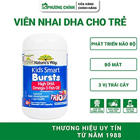 Viên Nhai DHA Cho Bé Nature's Way Kids Bursts High DHA Omega 3 Fish Oil Trio Hỗ Trợ Bổ Não, Bổ Mắt, Vị Trái Cây 60 Viên/Hộp