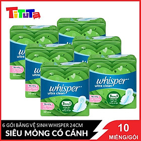 Combo 6 Băng Vệ Sinh Whisper Ultra Clean Siêu Mỏng Có Cánh Ngày Vừa 24cm (Gói 10 Miếng) 