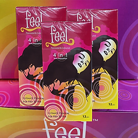 Bộ 3 hộp Bao cao su Feel 4 in 1 | Bao cao su kéo dài thời gian, size 52mm, hộp 12 bao