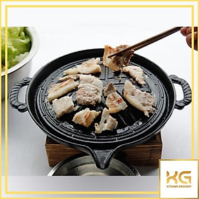 Mua Vỉ nướng gang tròn có quai cầm dùng cho bếp gas có rãnh thoát dầu mỡ 28cm dày 3cm