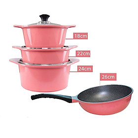 Combo 4 món cao cấp, bộ 3 nồi đúc ceramic 2 tay cầm (size 18-22-24cm) và Chảo đúc chống dính vân đá Hàn Quốc sâu lòng size 26cm - Hàng chính hãng