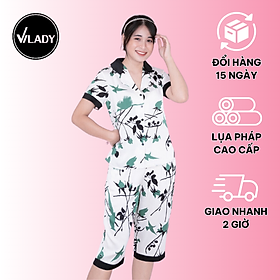 Bộ đồ Pyjama nữ, đồ mặc nhà lụa VILADY - B143 Quần Lửng Tay Cộc Họa Tiết Chim Màu Xanh, chất liệu lụa Pháp (lụa latin)