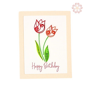 Thiệp Quilling nghệ thuật có khung , chủ đề happy birthday - đóa hoa happy birthday - size 8.5 x 6.5 cm