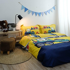 Bộ Chăn Ga Gối Cotton Ô Tô Máy Ủi 3D