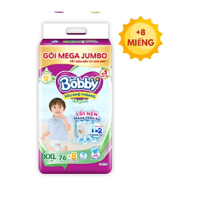 [TẶNG THÊM MIẾNG] Tã/bỉm quần Bobby 3mm Mega Jumbo Gạo non Giảm nhiệt M112/L96/XL84/XXL76 - XXL76+8