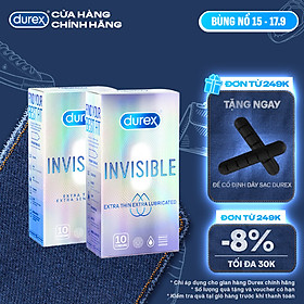 BỘ 1 HỘP BAO CAO SU siêu mỏng thêm bôi trơn DUREX INVISIBLE LUBRICATED và 1 HỘP DUREX INVISIBLE EXTRA THIN EXTRA SENSITIVE (52 mm, 10 bao/hộp)