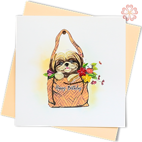 Thiệp Giấy Xoắn Nghệ Thuật - Chủ đề sinh nhật: Chú chó trong giỏ hoa - Dog in Flower Basket Birthday - Happy Birthday - 15 x 15 - VN2XM115D71E1