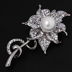 Faux Pearl Crystal Rhinestone Flower Leaf Brooch pin Jewelry Wedding Silver