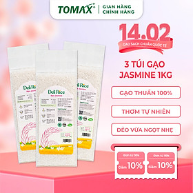 Combo 3 túi Gạo Jasmine thơm dẻo mềm tơi xốp 1kg TOMAX