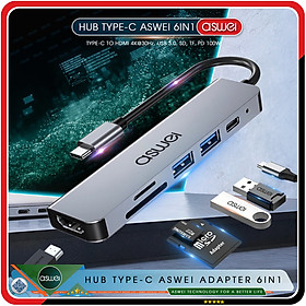 Mua Hub Chuyển Đổi USB Type C ASWEI 6 in 1 To HDMI  USB 3.0  SD  TF  PD 100W - Hàng Chính Hãng