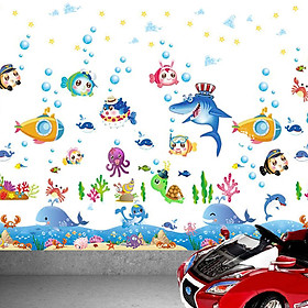 Decal dán tường Đàn cá sắc màu và chân tường cá voi - HP369