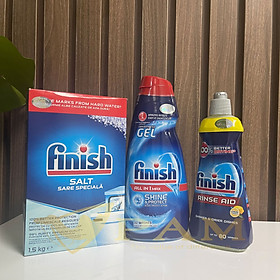 Combo Gel rửa bát Finish All in 1 Shine&Protect 650ml + Muối Finish 1.5kg + Nước làm bóng Finish 400 hương chanh