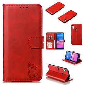 For Huawei Honor 8A with fingerprint hole / Y62019 Cute Cartoon Embossed Happy Cat PU Leather Front Clasp Wallet Phone Case with Bracket