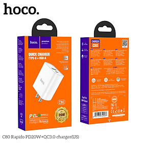 Cóc Sạc Nhanh Hoco C80 PD20W + QC3.0 2 Cổng Sạc TypeC Và USB Hàng Chính Hãng