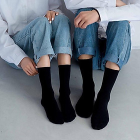 Tất vớ trơn cổ cao cotton, tất cao cổ nam nữ cổ gân tâm Gom Tất - LISU-TRONCAO-GANTAM - Màu Đen