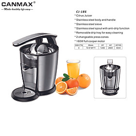 Máy vắt cam cao cấp thương hiệu Canmax CJ-186 - Chất liệu: Inox 304 - Dung tích: 1000ml - Công suất: 120W - Hàng Nhập Khẩu