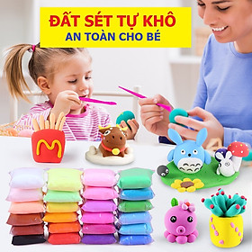 Đất sét tự khô an toàn cho bé nặn 12 - 24 - 36 màu xốp nhẹ kèm khuôn dụng cụ, đất nặn tự khô, đồ dùng học tập