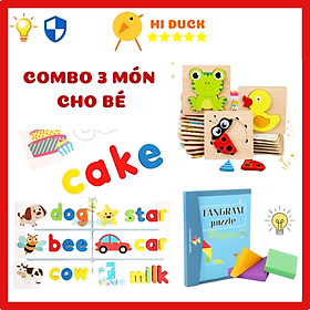 Combo 3 Món Đồ Chơi Gỗ Ghép Hình Con Vật, Ghép Chữ Và Xếp Hình Tangram Cho Bé Sáng Tạo