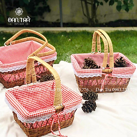 Giỏ Mây Picnic Lót vải Caro Đỏ- giỏ Mây Picnic Đựng Đò, Trái Cây-Giỏ Mây Picnic Đan Trà-Đan Trà Decor